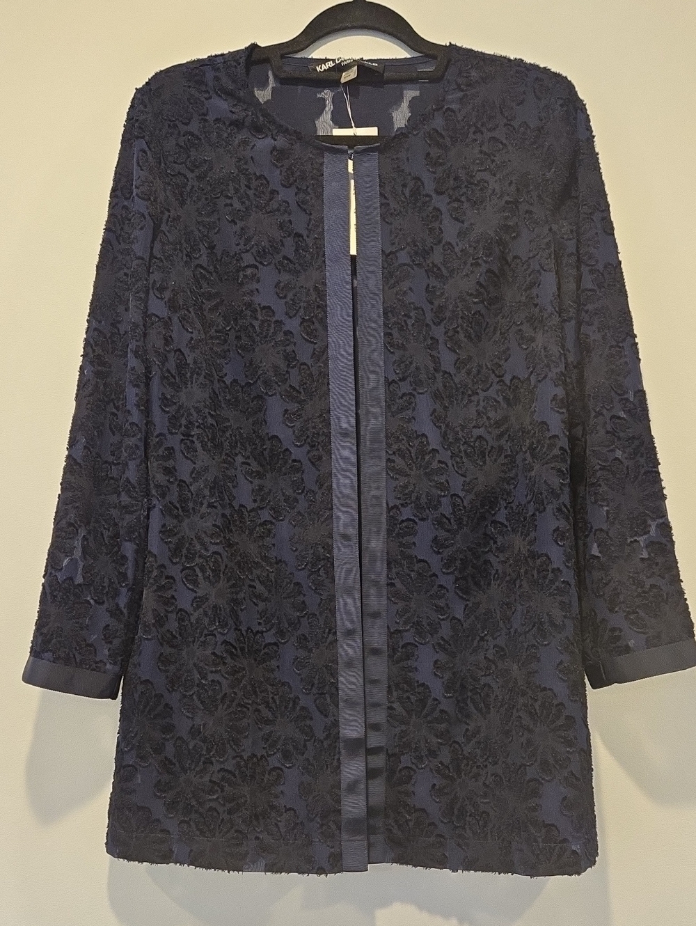 Kasper Navy Floral Burnout Open Front Jacket